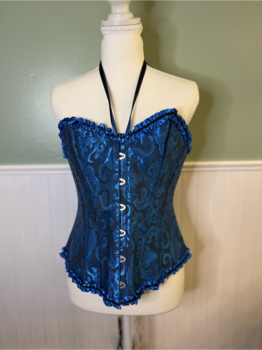 Women’s Royal Blue Structured Halter Corset Top - Shaping Brocade. Size XL